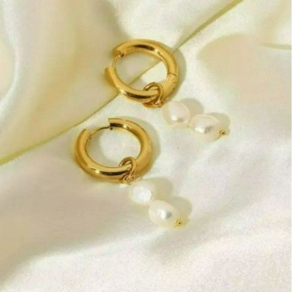 18K Gold Plated Stainless Steel Hoop Freshwater Pearl Beads Dangle Drop Earrings - Picture 5 of 9